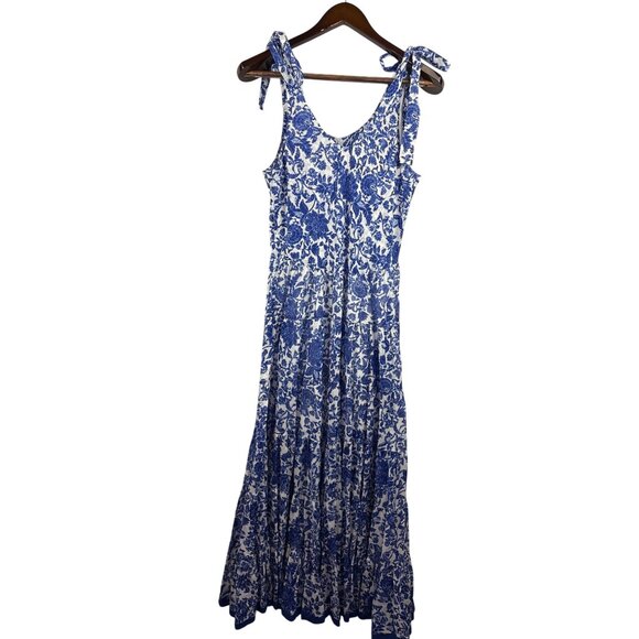 Women’s Free People Medium Blue & White Floral Maxi Dress with Tie Straps - Picture 4 of 7